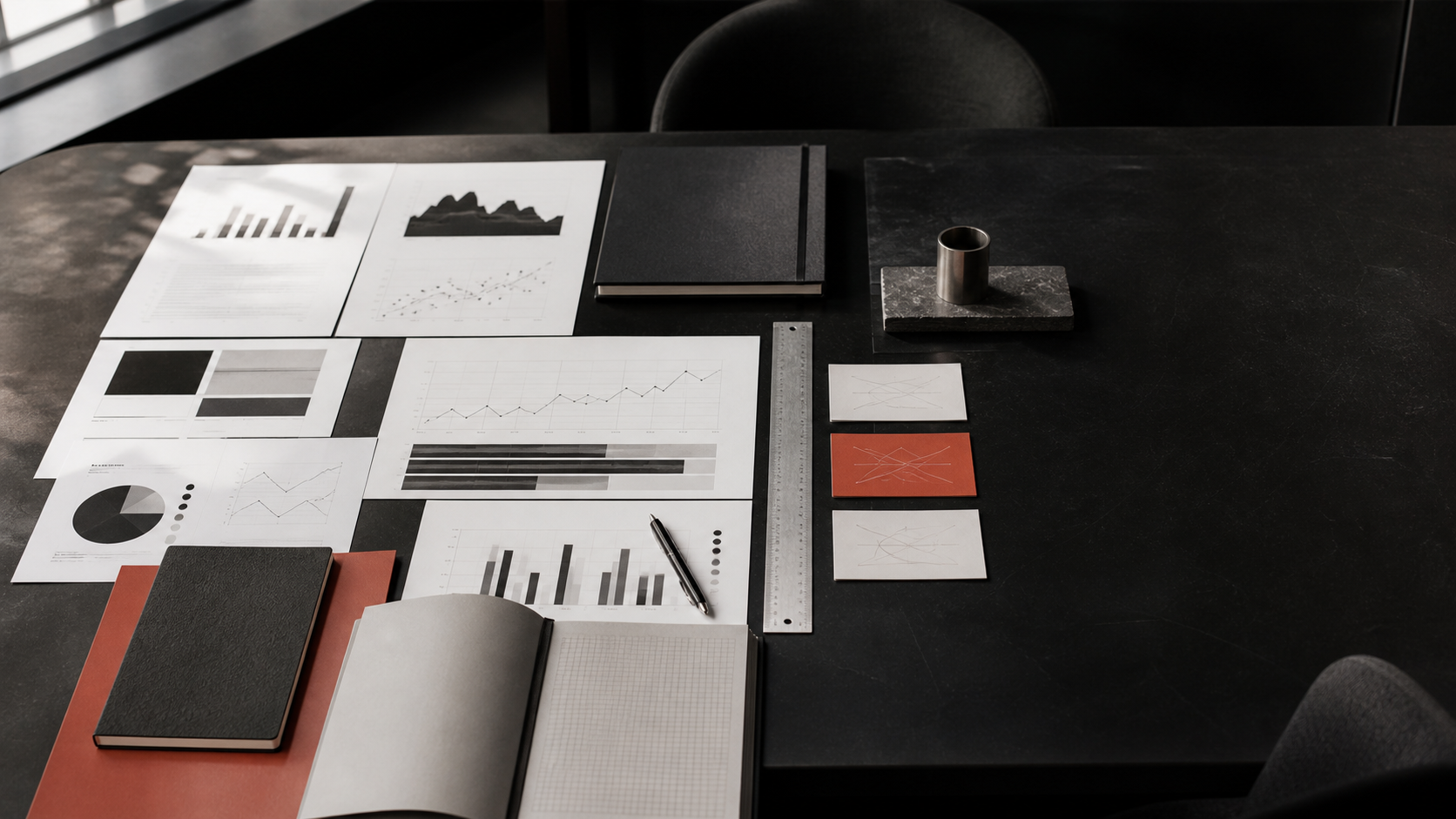 Business intelligence reports, charts and notebooks arranged on a dark strategy table