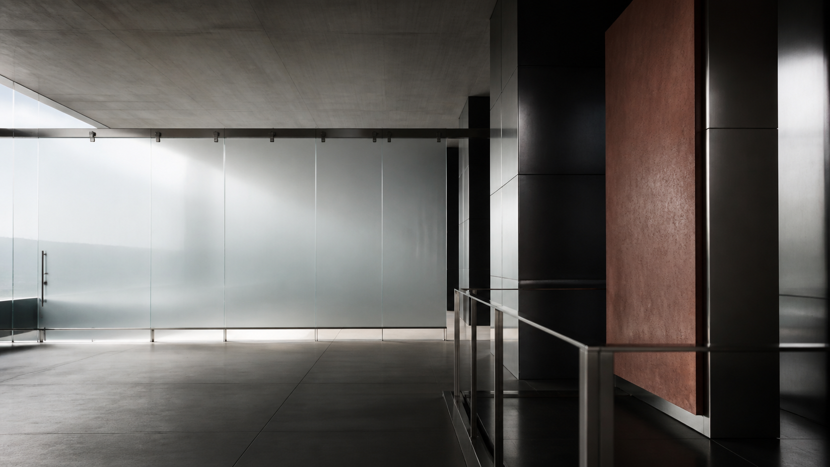 Contemporary glass, metal and stone architecture with precise lines